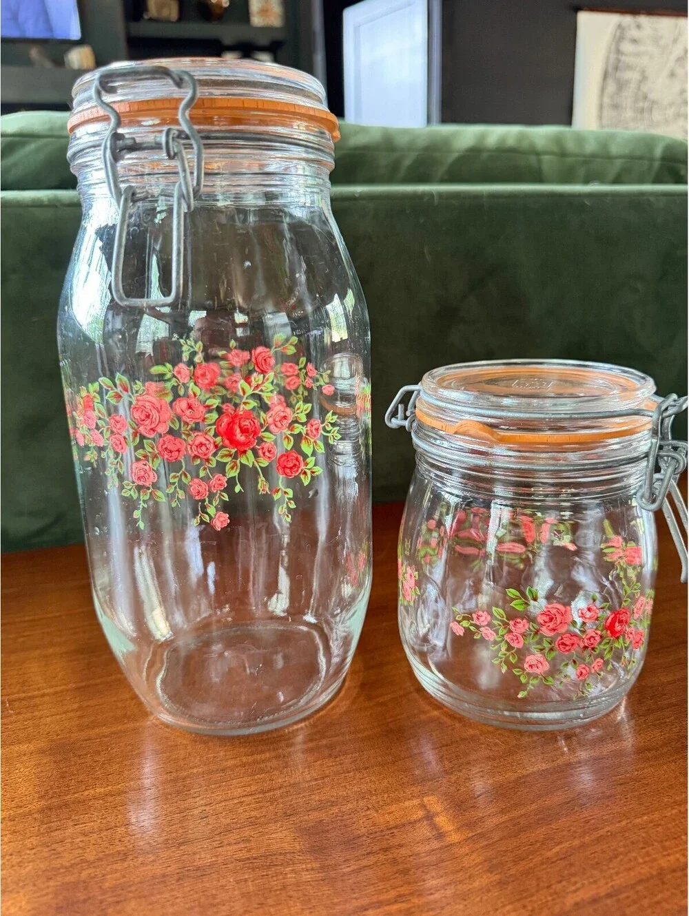 Vintage ARC France Glass Canister Set – Red Rose Pattern (Set of 2)